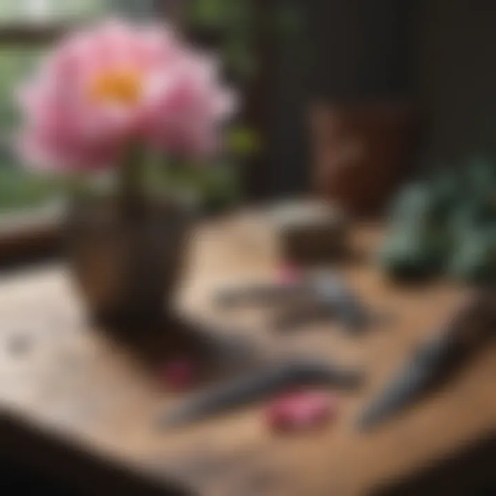 Essential tools for pruning tree peonies displayed on a wooden table