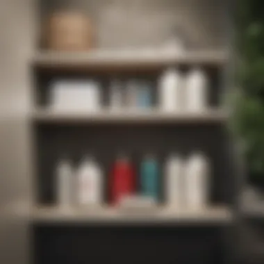 Organized restroom shelves displaying toiletries and towels