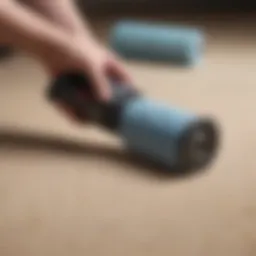 A close-up view of a roller cleaner effectively removing lint from a fabric surface.