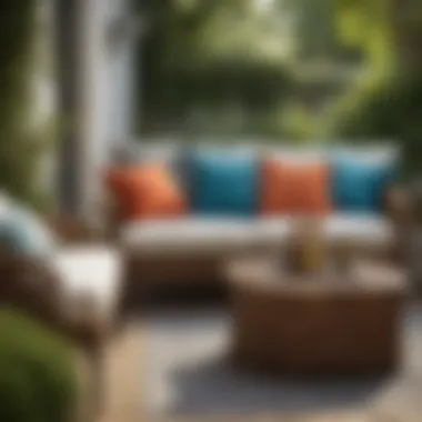 Seasonal outdoor decor featuring vibrant cushions in a garden setting