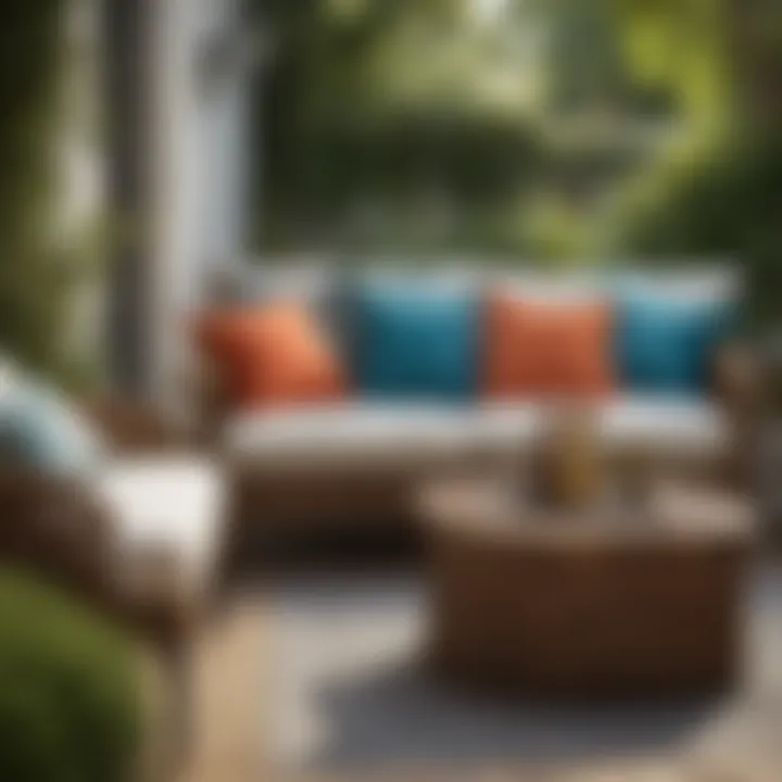 Seasonal outdoor decor featuring vibrant cushions in a garden setting