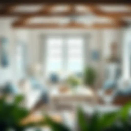 A cozy seaside cottage interior featuring soft blues and whites