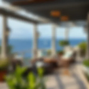 An outdoor patio with nautical elements and ocean views