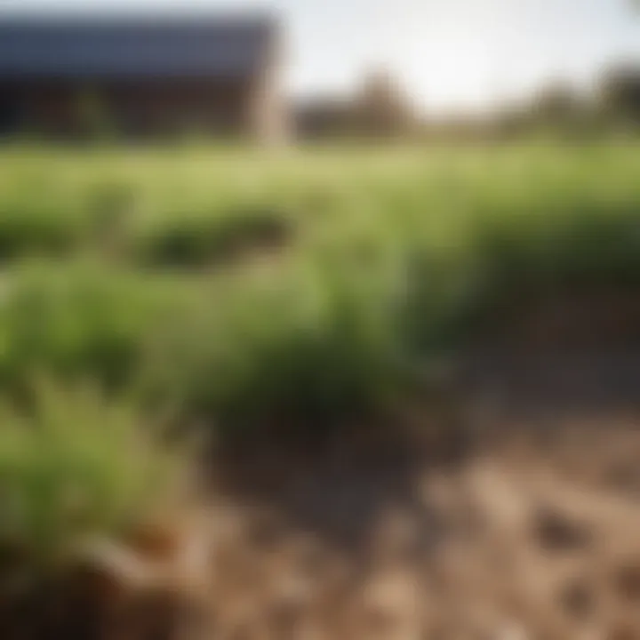 A lush green lawn emerging from a layer of straw mulch