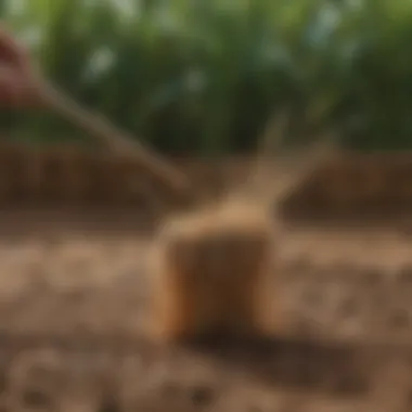 Close-up of straw being spread over freshly seeded soil