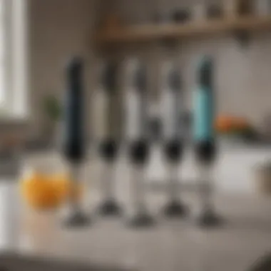 Explore Different Hand Blender Models Variety of hand blenders displayed on a kitchen countertop