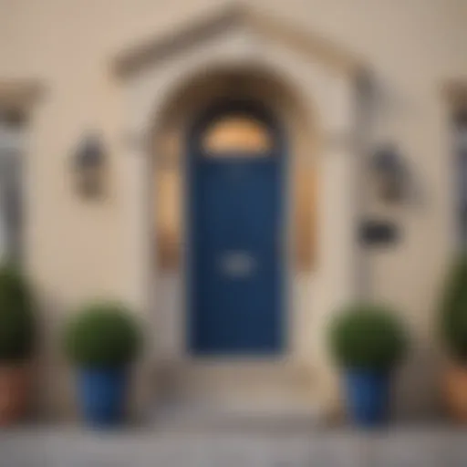 Elegant front door in deep blue against a beige house