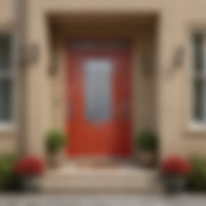 Vibrant red door enhancing the warmth of a beige facade