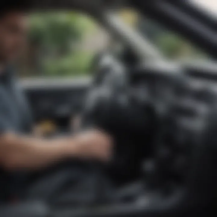 Hand-held vacuum in use cleaning a car interior