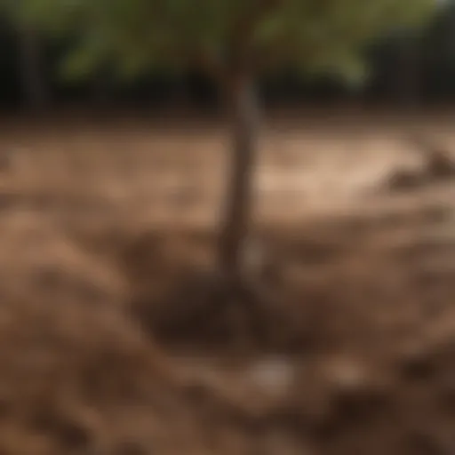 Close-up of a small tree thriving in wet clay soil