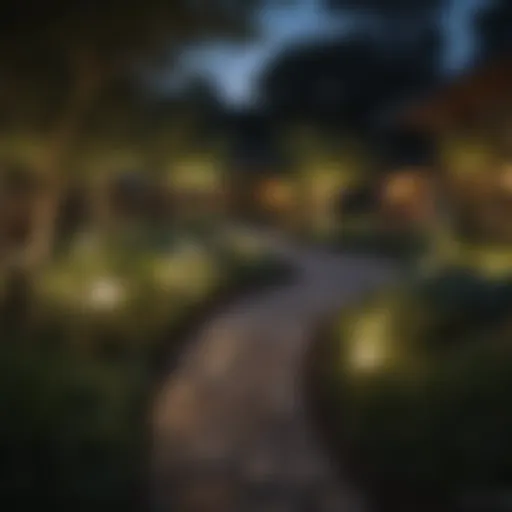 A serene garden illuminated by solar lights at dusk