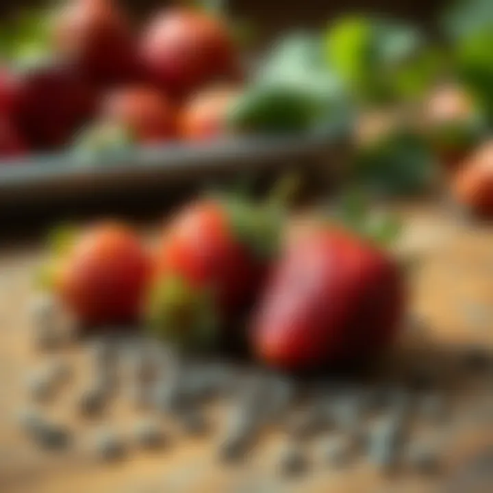 Close-up of strawberry seeds displayed on a wooden surface
