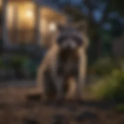 Raccoon exploring a backyard at night