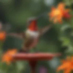 A hummingbird feeding at a brightly colored feeder in a flower garden.