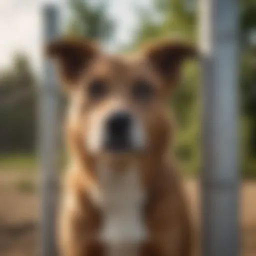 A dog looking curiously at a fence with an escape route.
