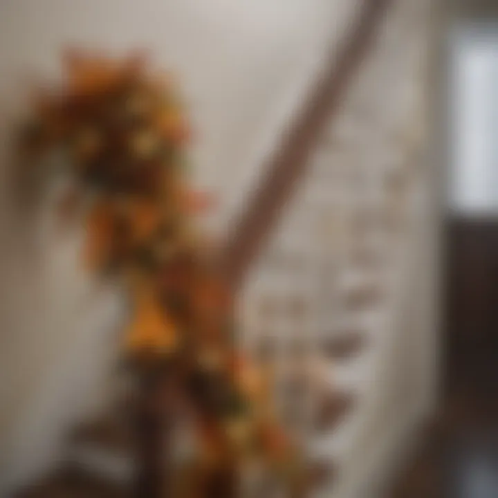 Seasonal garland with autumn leaves and pinecones enhancing stair decor