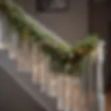 Elegant garland draped along a staircase railing adorned with fairy lights