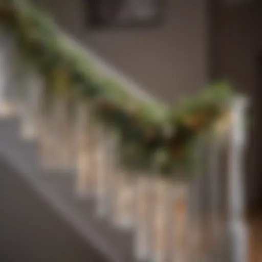 Elegant garland draped along a staircase railing adorned with fairy lights