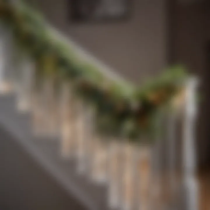 Elegant garland draped along a staircase railing adorned with fairy lights