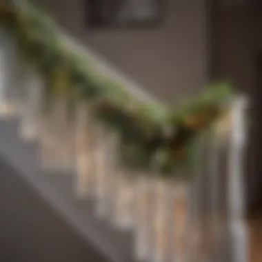 Elegant Garland on Staircase Railing Elegant garland draped along a staircase railing adorned with fairy lights