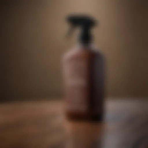 A close-up view of a leather cleaner bottle on a wooden surface