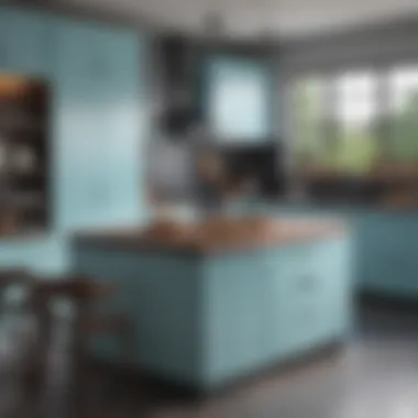 Charming kitchen featuring pastel blue and dark wood cabinets