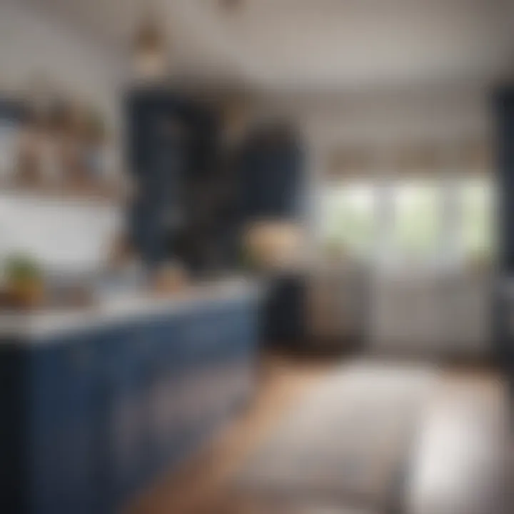 Elegant kitchen featuring contrasting navy and white cabinets