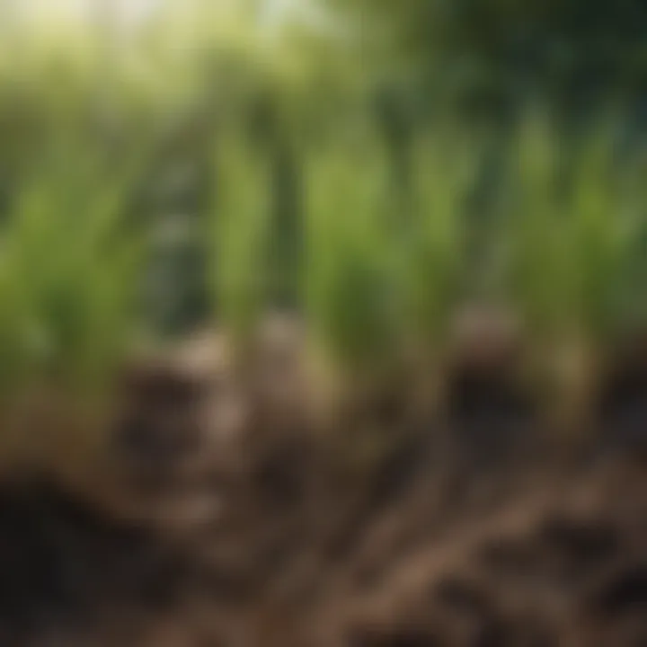 Close-up of grass roots absorbing nutrients from the soil