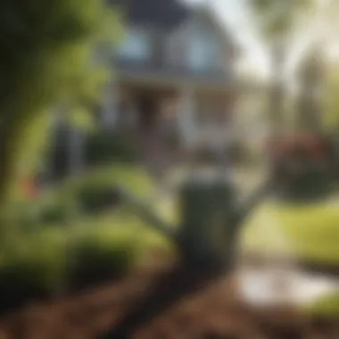 A watering can gently watering a freshly fertilized lawn