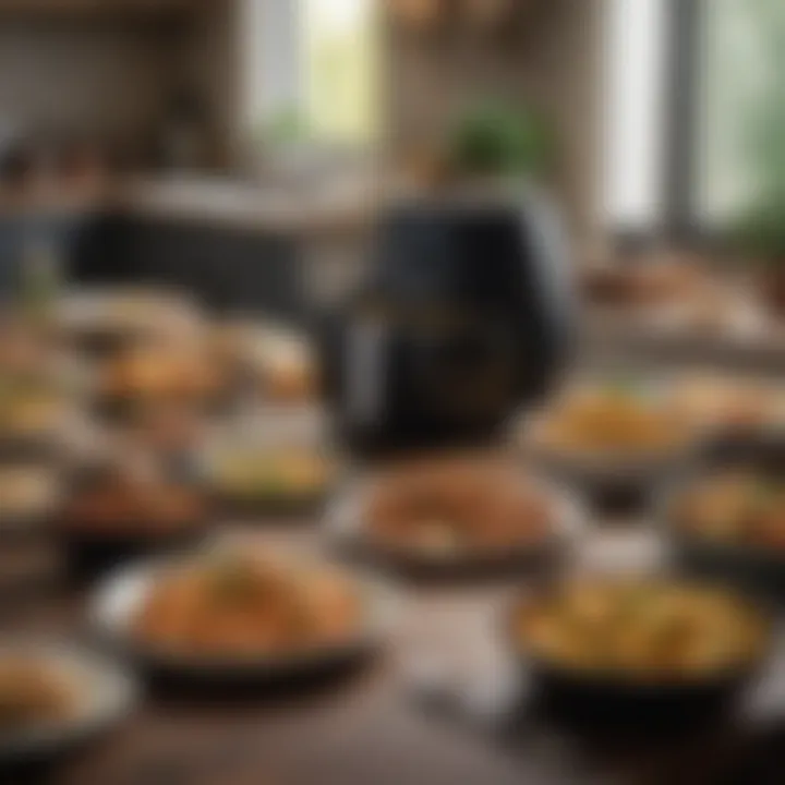 An air fryer displaying a variety of healthy dishes