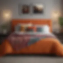 A neatly arranged bed with colorful bedding and pillows