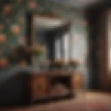 An elegant room adorned with vintage floral wallpaper, showcasing rich patterns and textures