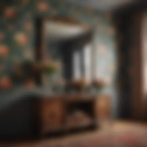 An elegant room adorned with vintage floral wallpaper, showcasing rich patterns and textures