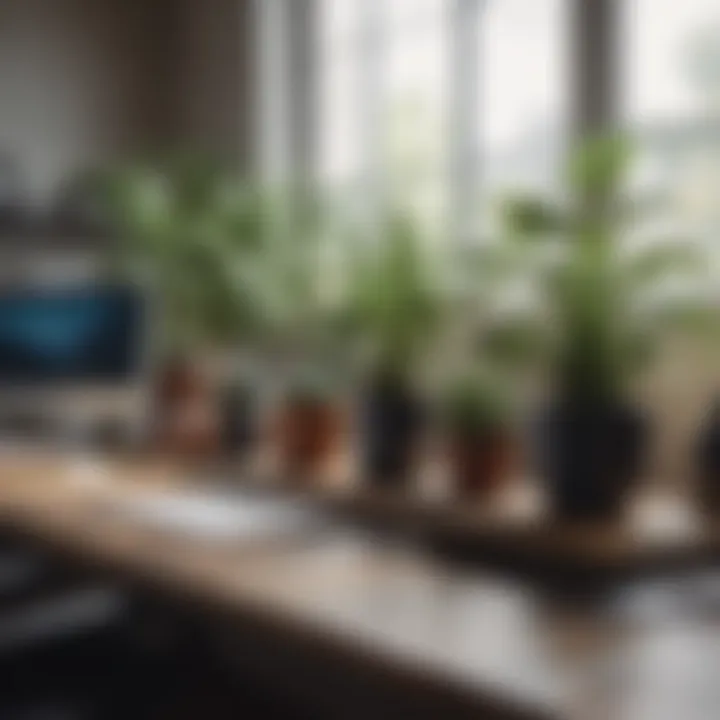 Organized workspace with plants and clear surfaces enhancing productivity