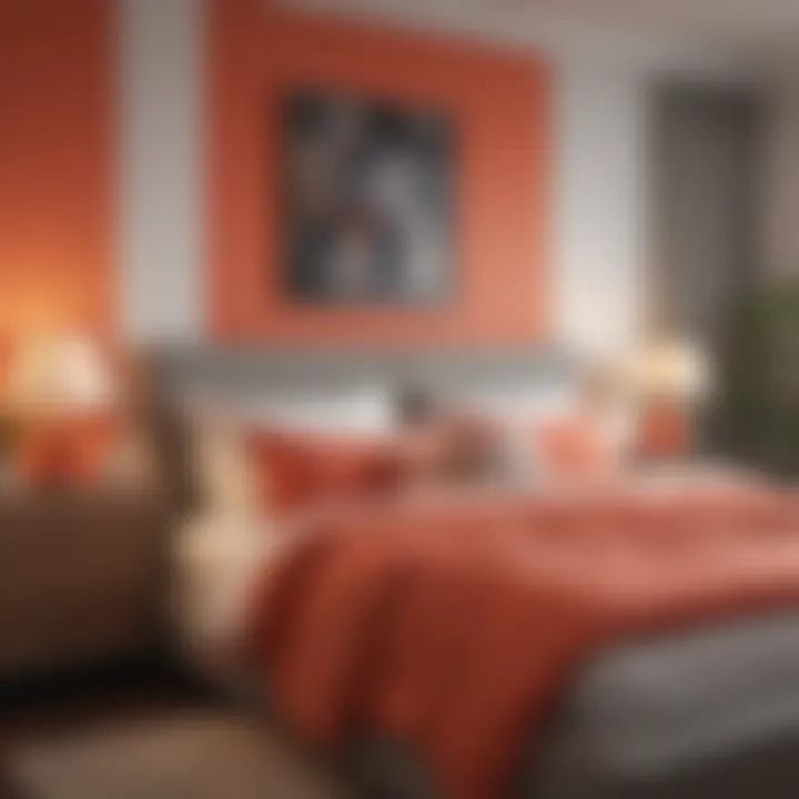 Vibrant coral accents in a modern bedroom setting