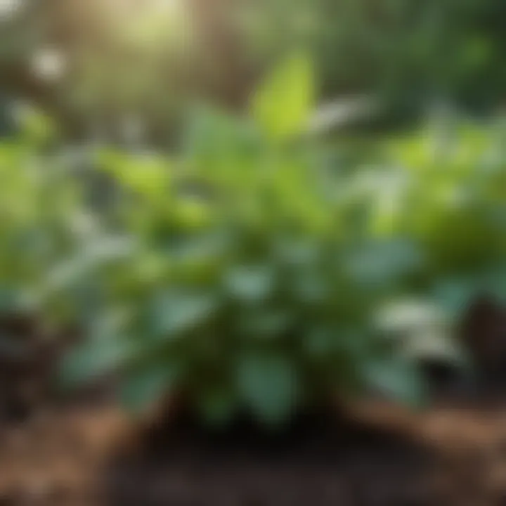 An outdoor garden featuring mint plants surrounded by various other herbs