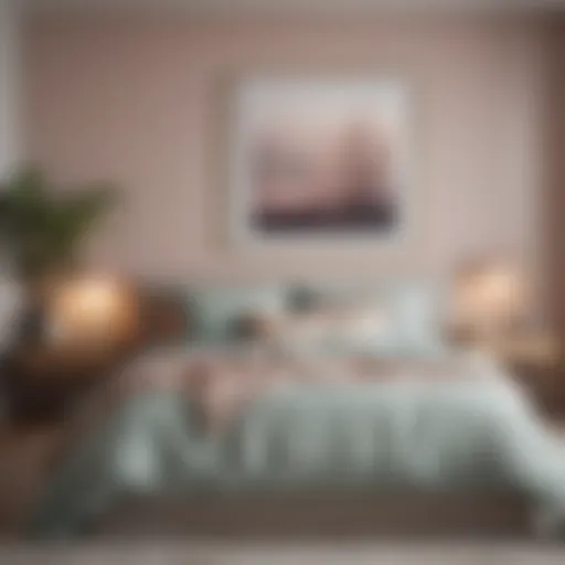 A serene bedroom featuring soft pastel colors