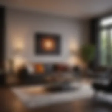 Contemporary living room with warm lighting Contemporary living room featuring black furniture and warm lighting