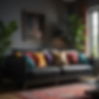 Elegant black sofa with colorful pillows Elegant black sofa with colorful pillows in a stylish living room
