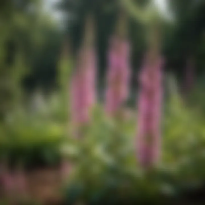 An outdoor garden showcasing foxgloves among other plants