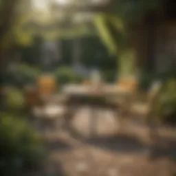 A selection of stylish outdoor chairs arranged around a wooden table in a garden setting.