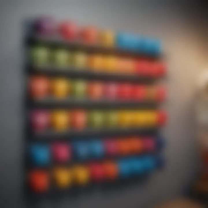 An organized wall mounted cup rack displaying colorful cups in a vibrant setting.