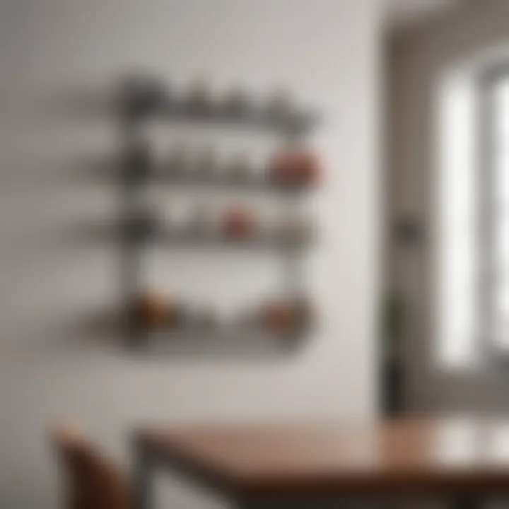 A minimalist wall mounted cup rack in a contemporary dining area.