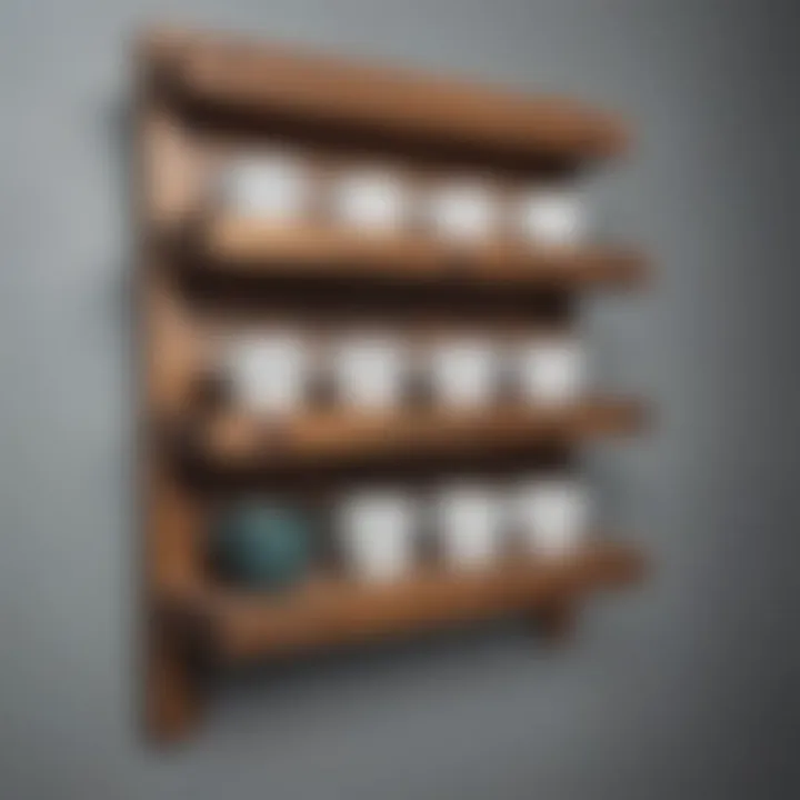 Close-up of a rustic wall mounted cup rack made of reclaimed wood.