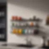 A stylish wall mounted cup rack showcasing an array of mugs in a modern kitchen.
