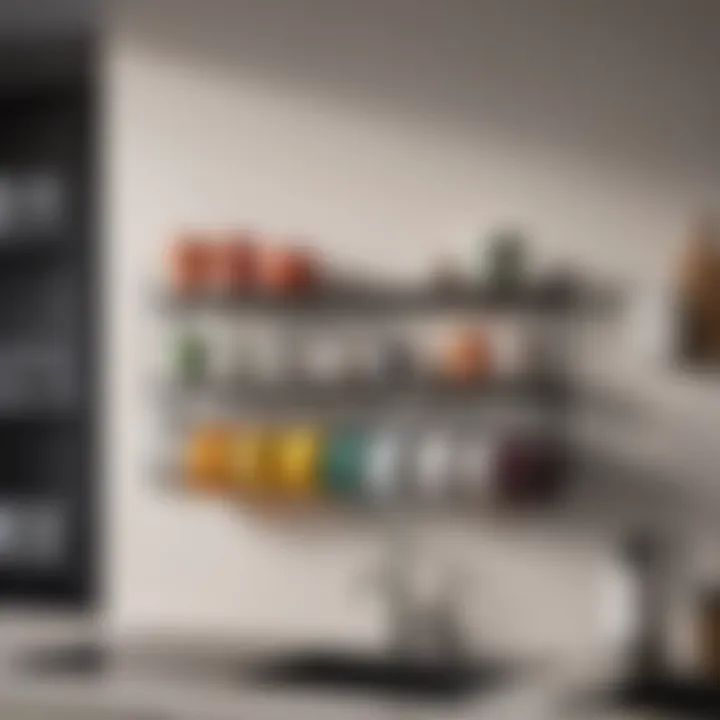 A stylish wall mounted cup rack showcasing an array of mugs in a modern kitchen.