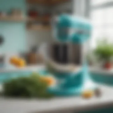 Tiffany Blue Kitchen Aid mixer surrounded by fresh ingredients and herbs