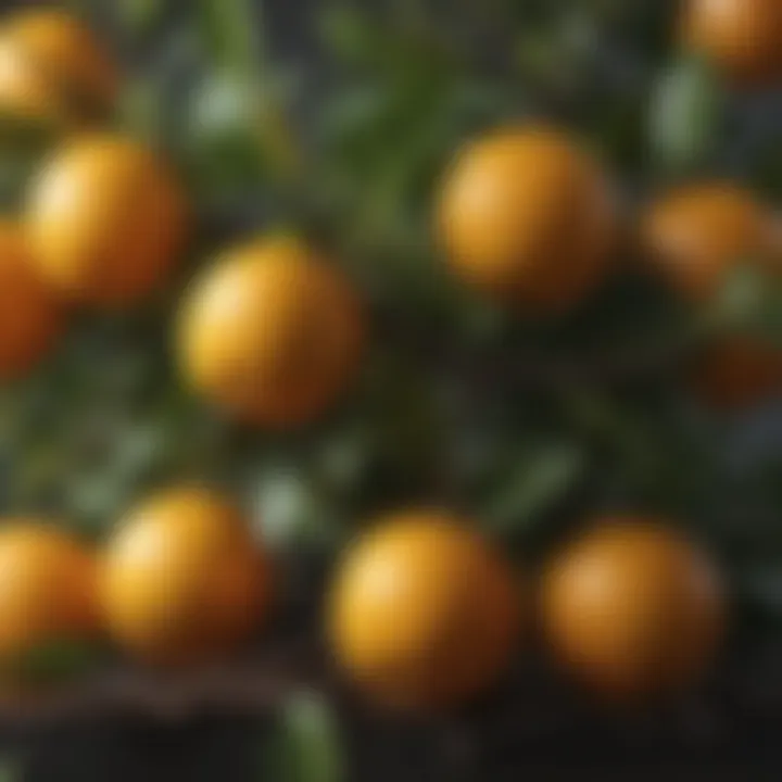 Close-up of citrus fruits on trimmed branches