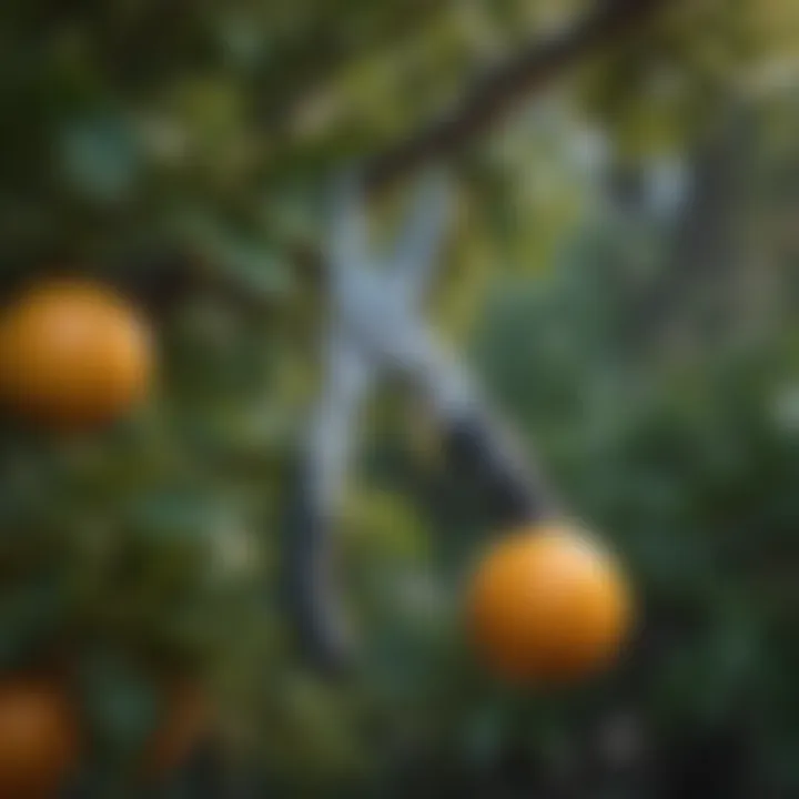 Pruning shears resting on a citrus tree branch