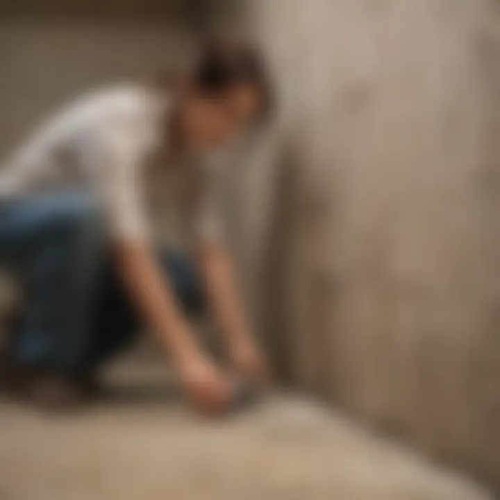 A homeowner inspecting grout for signs of mold